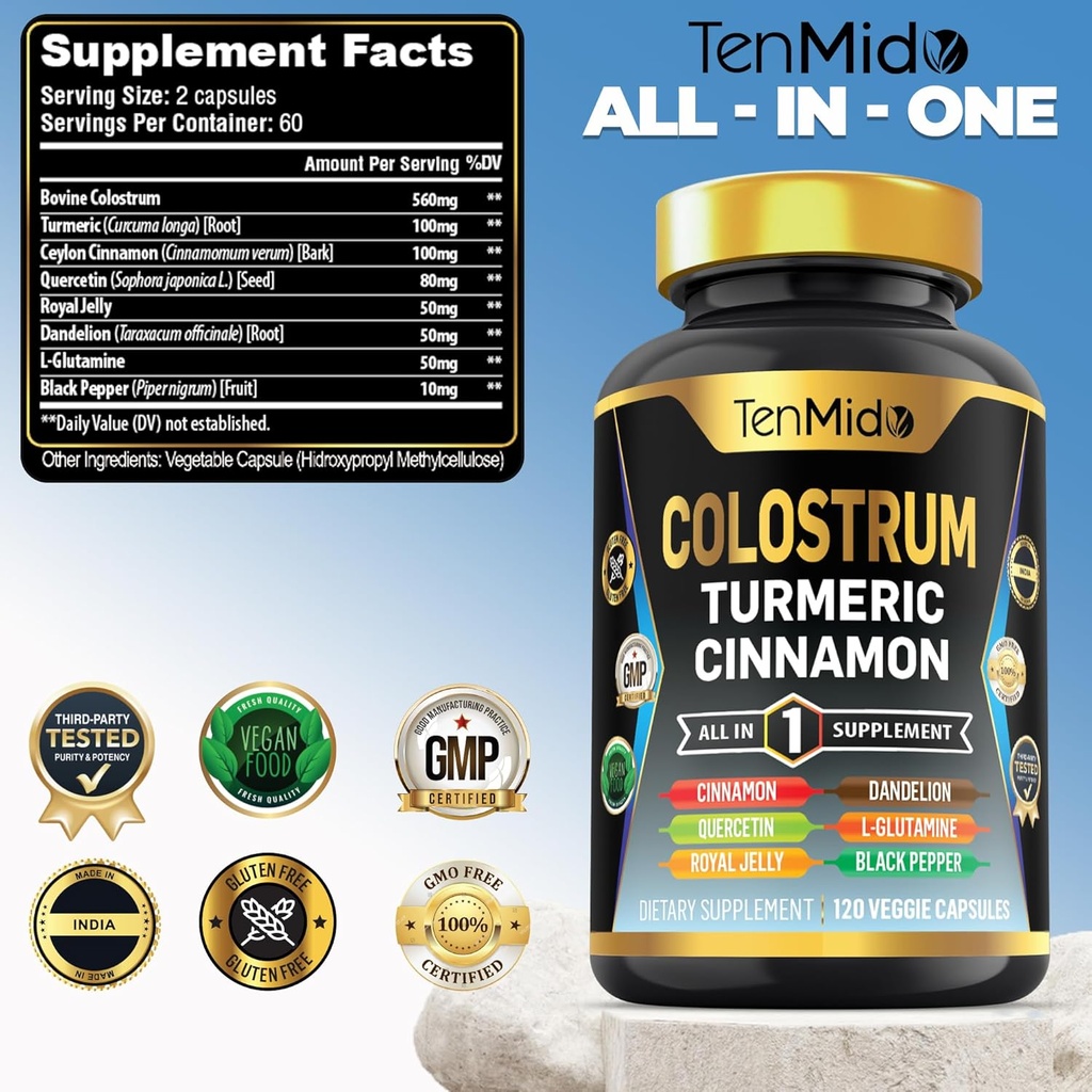 Colostrum Supplement - 8in1 Formula - Combine with Turmeric, Ceylon Cinnamon, Quercetin, Royal Jelly, Dandelion, L- Glutamine, and Black Pepper - Digestive Health Support - 120 Capsules 3