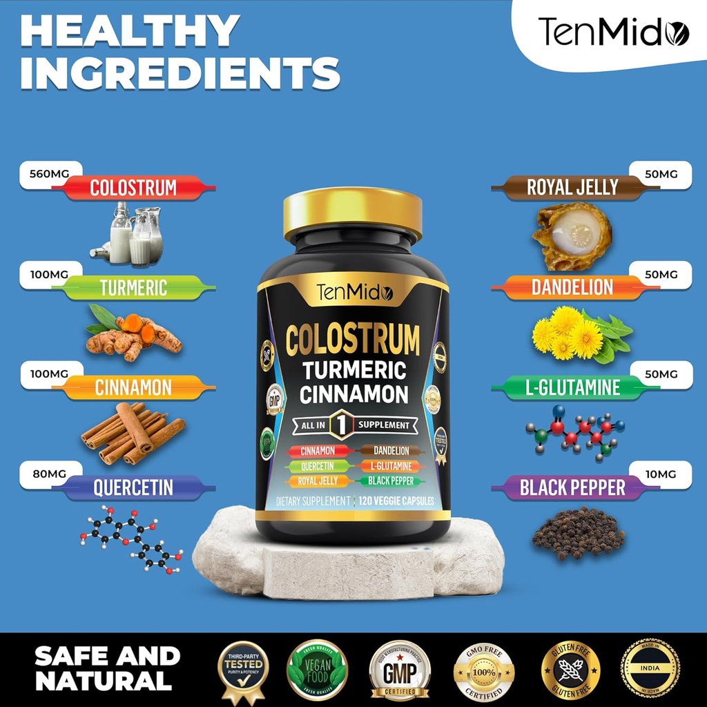 Colostrum Supplement - 8in1 Formula - Combine with Turmeric, Ceylon Cinnamon, Quercetin, Royal Jelly, Dandelion, L- Glutamine, and Black Pepper - Digestive Health Support - 120 Capsules 4