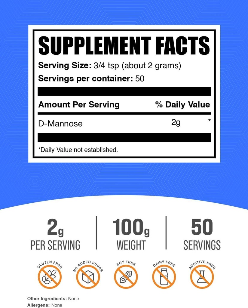 BulkSupplements.com D-Mannose Powder - D-Mannose Supplement, for Urinary Tract Health - Unflavored & Gluten Free, 2g per Serving, 100g (3.5 oz) (Pack of 1) 3