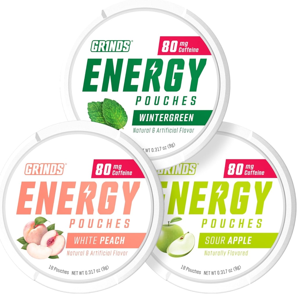 Grinds Energy Pouches - Natural Caffeine Pouches - Contains B-Vitamins, Sugar-Free, & 0 Calories - 80mg of Caffeine in Each Pouch - Wintergreen, Peach, & Sour Apple - 3 Pack, 15 Pouches Per Can 2