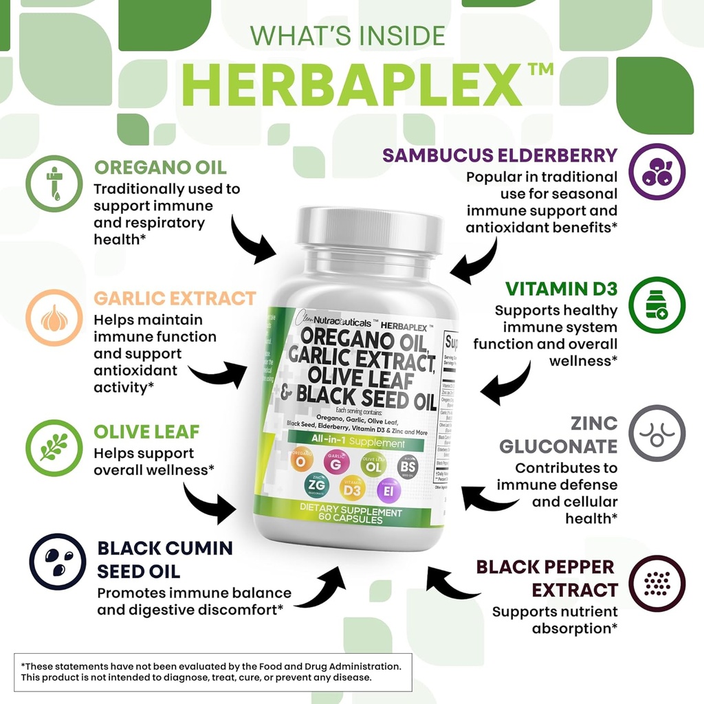 Clean Nutraceuticals Oregano Oil Garlic Extract Olive Leaf Black Seed Oil- Immune Support & Digestive Health Supplement for Women and Men with Vitamin D3 & Zinc - 5Pack 4