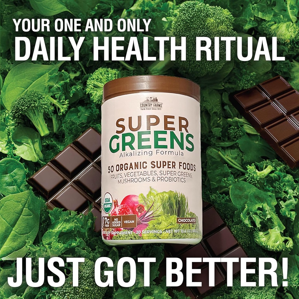 COUNTRY FARMS Super Greens Chocolate Flavor, 50 Organic Super Foods, USDA Organic Drink Mix, Fruits, Vegetables, Super Greens, Mushrooms & Probiotics, Supports Energy, 40 Servings, 10.6 Oz, 2 Pack 6