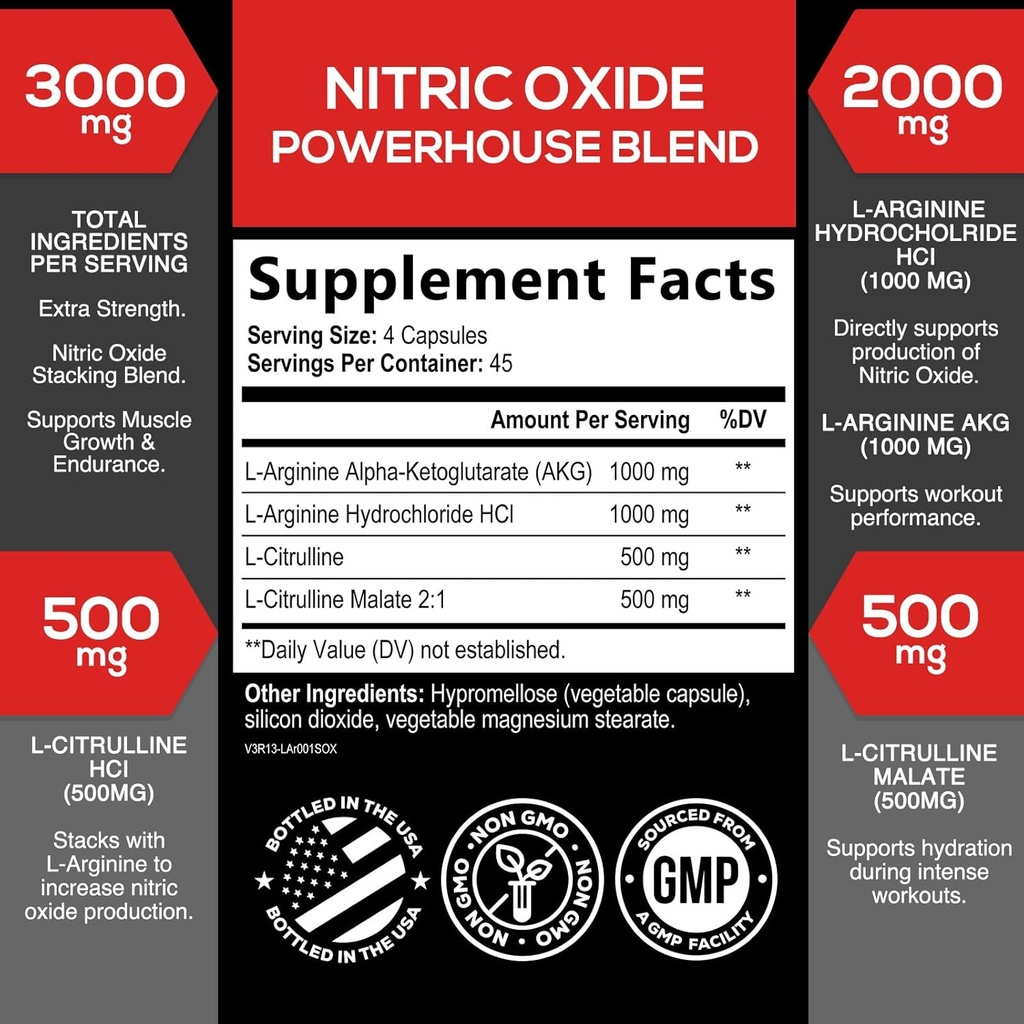 Extra Strength Nitric Oxide Supplement 3X Strength L Arginine, Citrulline Malate, AAKG, Beta Alanine - Premium Muscle Supporting Nitric Booster - Natural Energy & Heart Health Support - 180 Capsules 3
