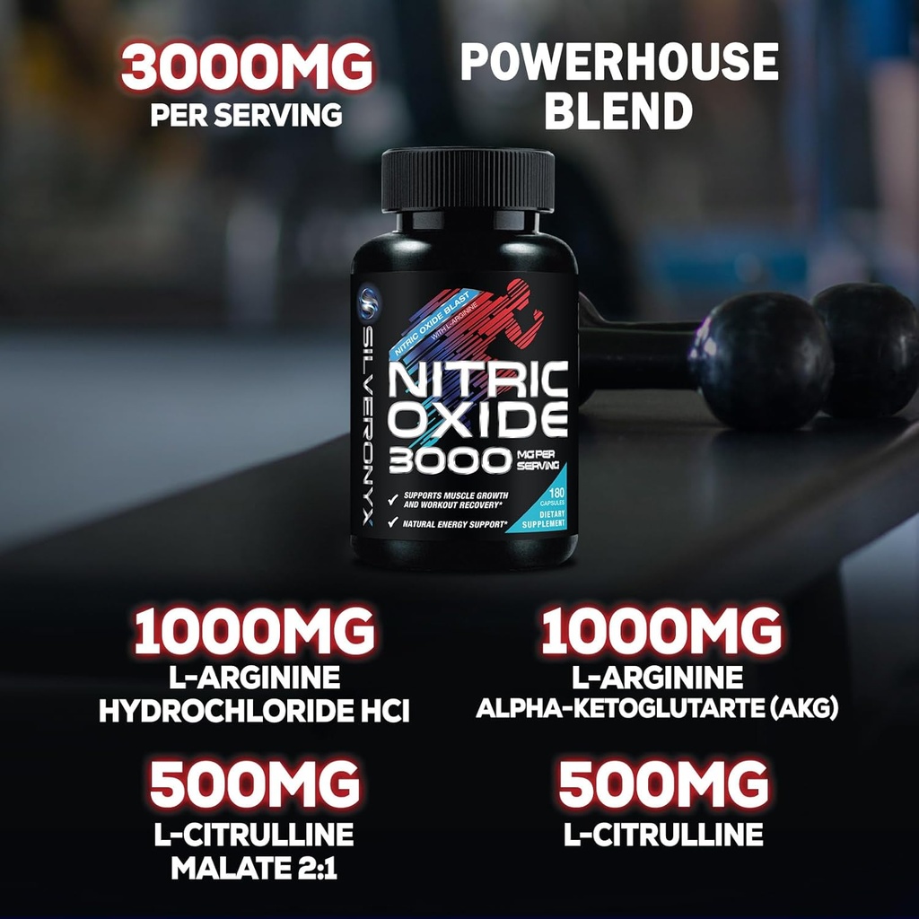 Extra Strength Nitric Oxide Supplement 3X Strength L Arginine, Citrulline Malate, AAKG, Beta Alanine - Premium Muscle Supporting Nitric Booster - Natural Energy & Heart Health Support - 180 Capsules 6