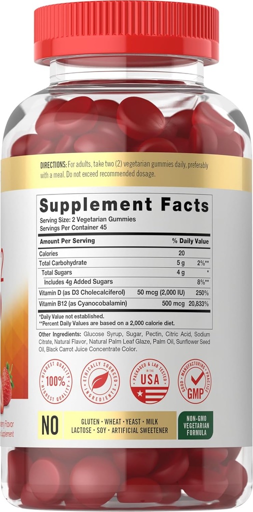 Carlyle Vitamin D3 + B12 Complex Gummies | 90 Count | Vegetarian, Non-GMO, and Gluten Free Formula | Strawberry Flavor Supplement 3