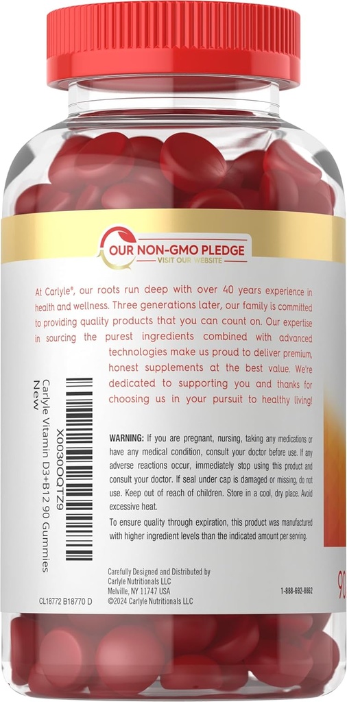 Carlyle Vitamin D3 + B12 Complex Gummies | 90 Count | Vegetarian, Non-GMO, and Gluten Free Formula | Strawberry Flavor Supplement 4
