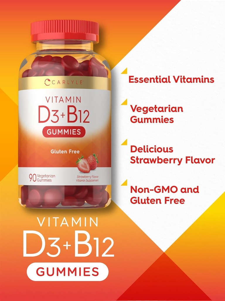 Carlyle Vitamin D3 + B12 Complex Gummies | 90 Count | Vegetarian, Non-GMO, and Gluten Free Formula | Strawberry Flavor Supplement 5