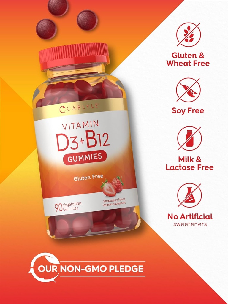 Carlyle Vitamin D3 + B12 Complex Gummies | 90 Count | Vegetarian, Non-GMO, and Gluten Free Formula | Strawberry Flavor Supplement 6