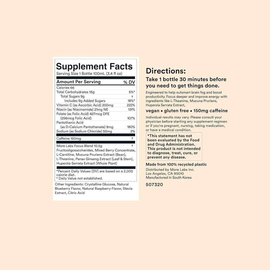 More Labs Liquid Focus, Nootropic Smart Drink with Powerful Antioxidants & Adaptogenic Herbs for Energy and Concentration, 150mg Caffeine (Pack of 6) 3