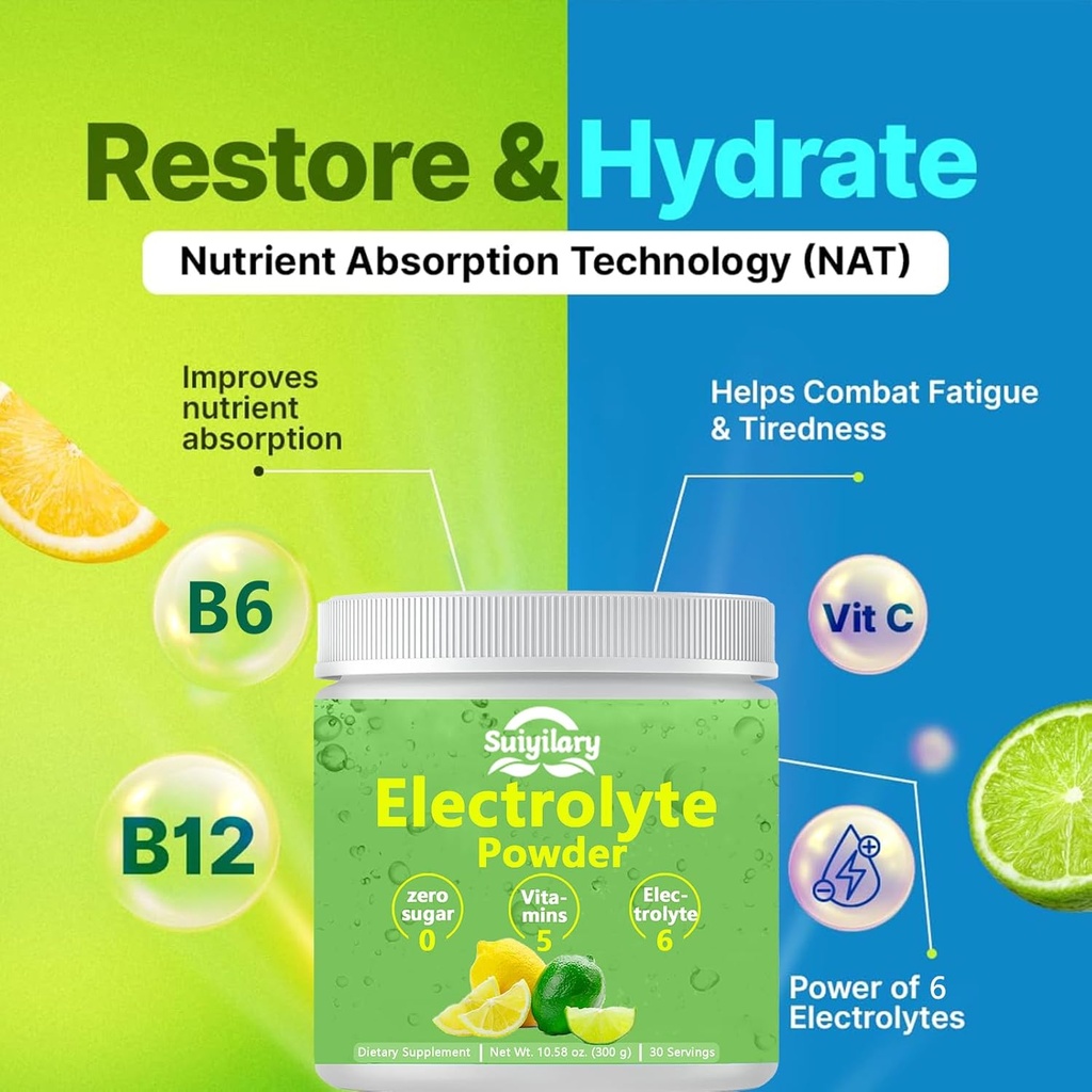 Electrolytes Powder No Sugar, Electrolyte Drink Mix, 5 Vitamins & 6 Electrolytes, Keto Friendly, Potassium & Salt, Sugar Free Hydration Powder, Lemon Flavour 300g 5