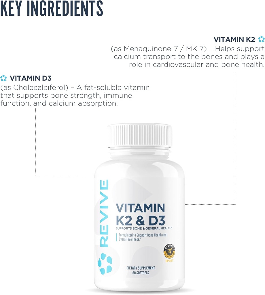 REVIVE MD Vitamin D3 & K2 - Supports Bone Health & Muscle Strength - K2 & D3 Vitamin Supplement for Women & Men Health & Brain Function 4