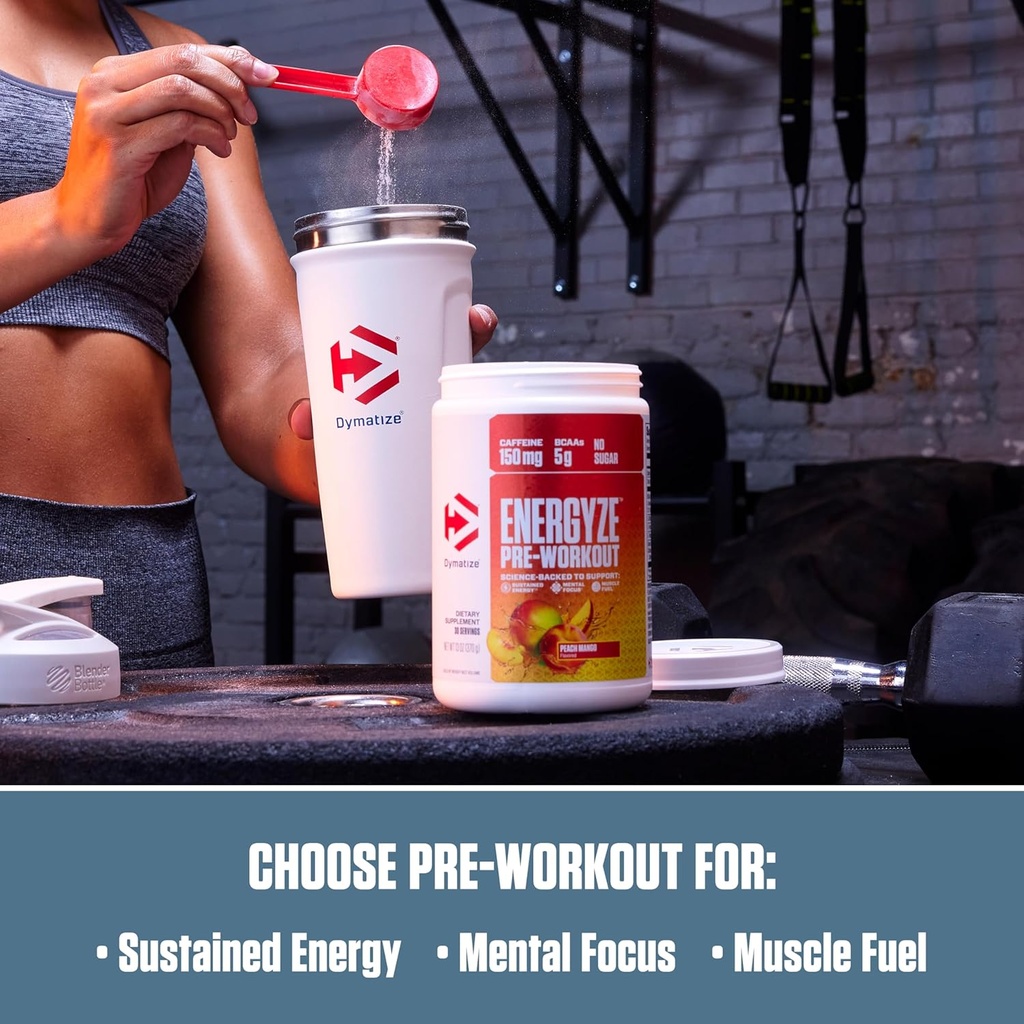 Dymatize Energyze Pre Workout Powder for Men and Women, Peach Mango, 150mg Caffeine, 5g BCAAs, Performance Blend of L-Theanine, L-Tyrosine, L-Citrulline, No Sugar (30 Servings) 4