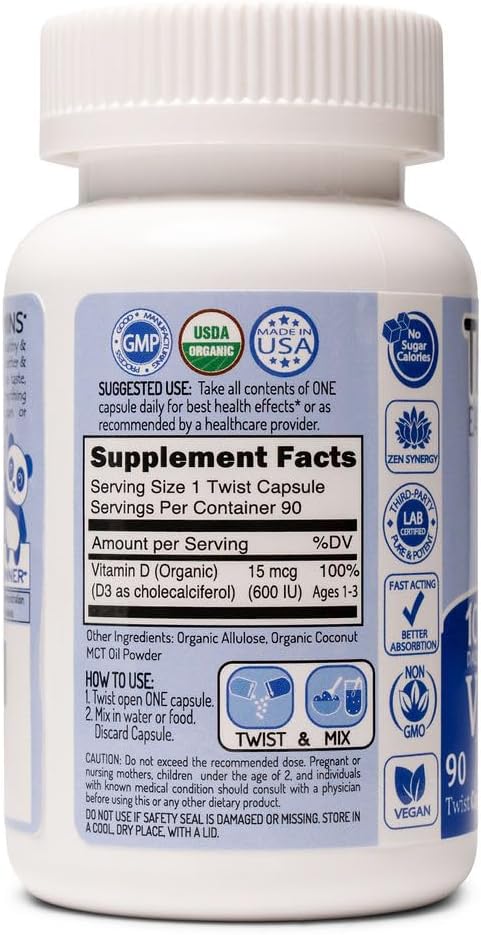 Lil' Kids Organic Vitamin D3 Supplement | 100% Of Your RDA | For Strong Bones & Healthy Immunity | Unique Twist & Mix Design | GMO Gluten Vegan & Taste Free | For Toddlers Ages 3 & Under | 90 Servings 3