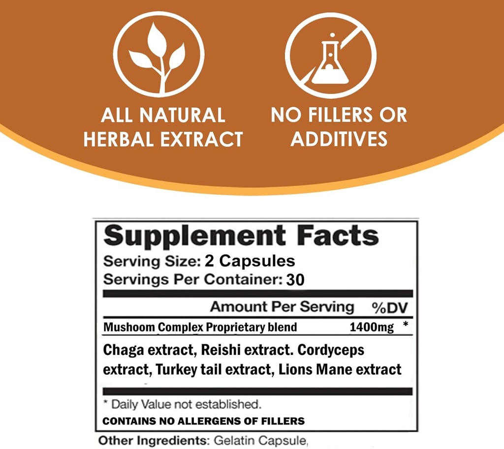 VH Nutrition Mushroom Supplement | Mushroom Complex for Vitality Support* 1400mg | Adaptagen Formula Includes: Lions Mane, Chaga, Reishi, Extracts | 60 Capsules 6