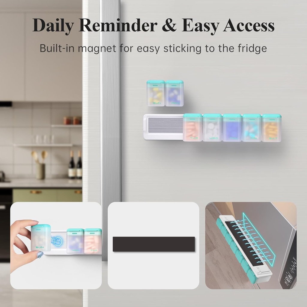 Weekly Pill Organizer Magnetic, Removable Pill Box 7 Day 1 Time a Day, Large Pill Case Travel, Week Once Daily Medication Dispenser, Medicine Container Holder for Supplement Vitamin, Cyan 3