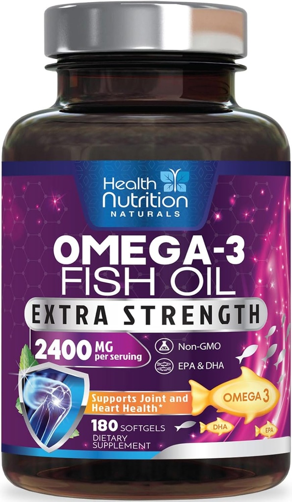 Omega 3 Fish Oil 2400 mg - Triple Strength Omega3, EPA & DHA Fatty Acids Supplement - Natural Support for Immune, Heart & Brain Health - Wild Caught, Non-GMO, Lemon Flavor, Burpless - 180 Softgels 2
