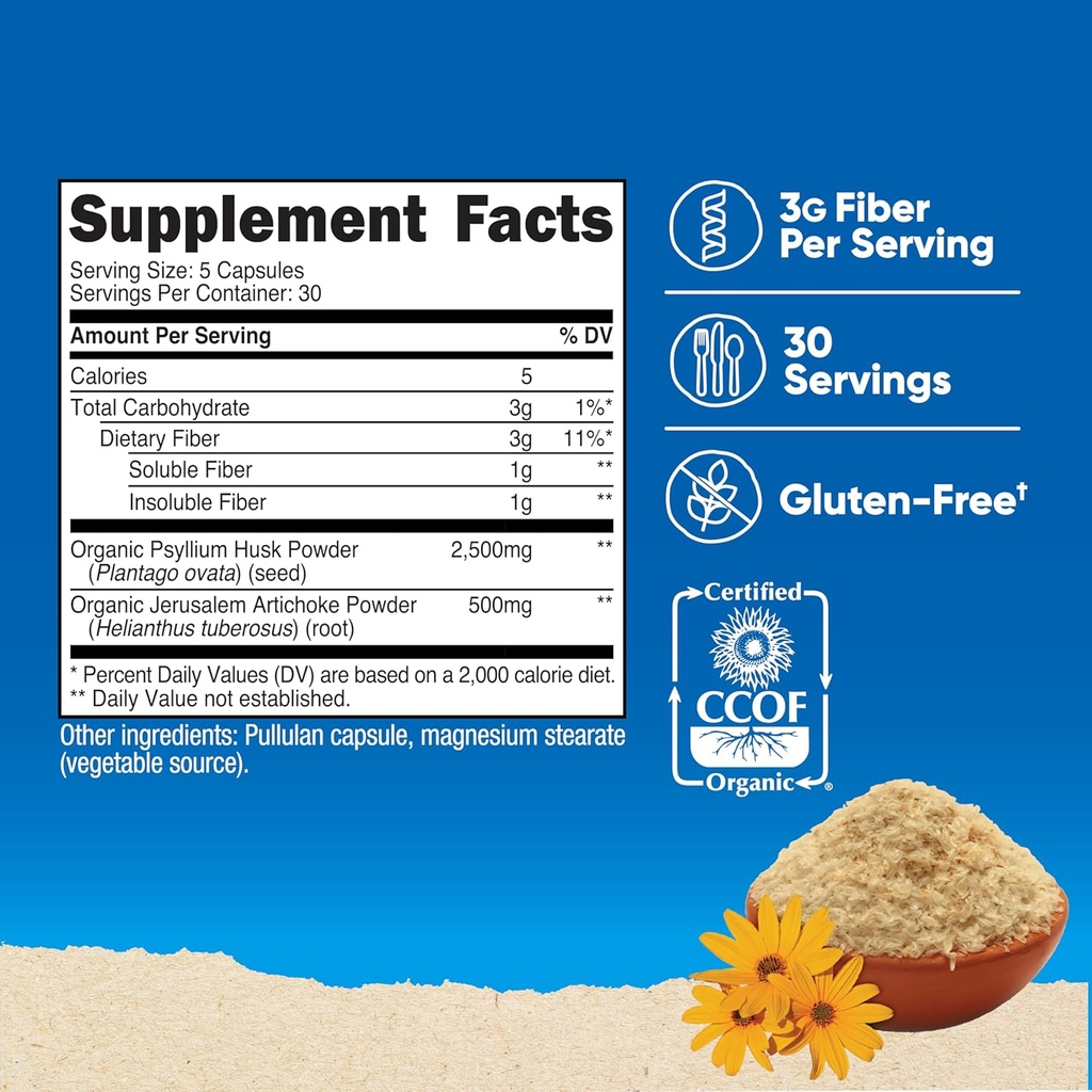 Nutricost Fiber Capsules with Prebiotic Fiber Supplement 150 Capsules - CCOF Certified Supplement, Made with Organic Psyllium Husk & Organic Jerusalem Artichoke, Gluten Free, 3 G Per Serving 3