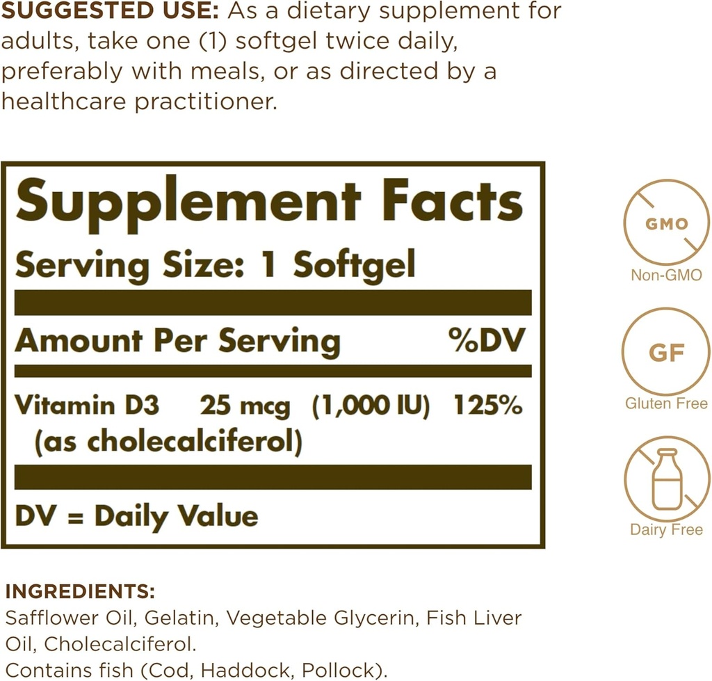 Solgar Vitamin D3 (Cholecalciferol) 25 MCG (1000 IU), 250 Softgels - Helps Maintain Healthy Bones & Teeth - Immune System Support - Non-GMO, Gluten Free, Dairy Free - 250 Servings 3