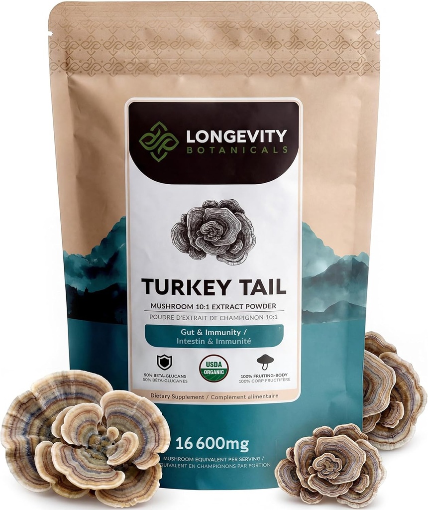 Organic Turkey Tail Mushroom Powder Supplement 100g | Pure Fruiting Body 10:1 High Strength Extract | 50% Beta-D Glucans | 16,600mg Raw Equivalent Per Serving | Immune, Gut & Microbiome Support 2