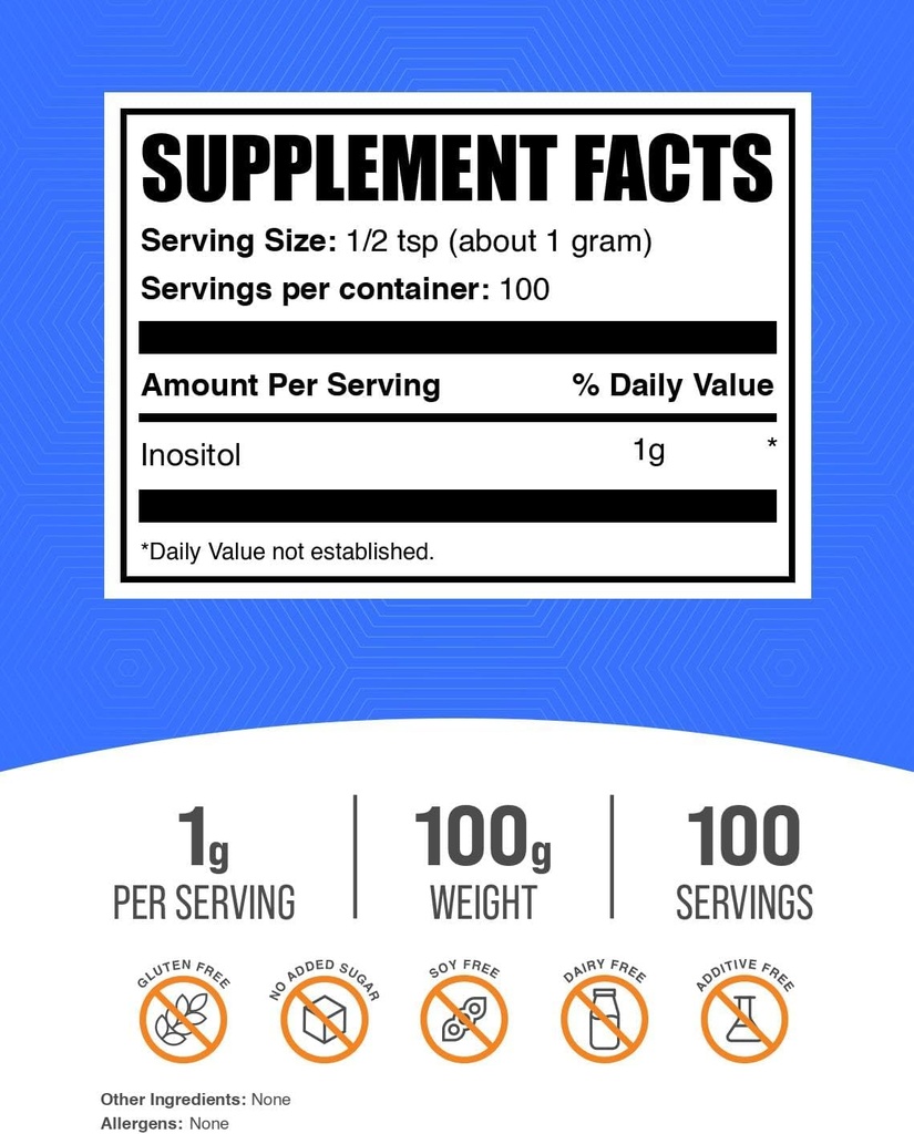 BulkSupplements.com Inositol Powder - Inositol Supplement, Vitamin B8 Supplement - Unflavored & Gluten Free, 1g per Serving, 100g (3.5 oz) (Pack of 1) 3