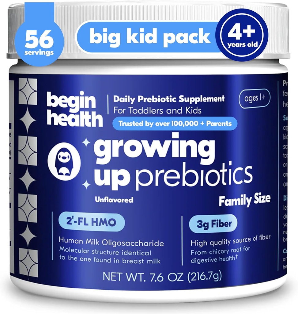 Begin Health Growing Up Prebiotics for Kids 56-Packs | Prebiotic Soluble Powder Stool Softeners and Digestive Gut Health Supplement | Ideal to Mix with Kids Daily Beverages and Soft Foods - Unflavored 2