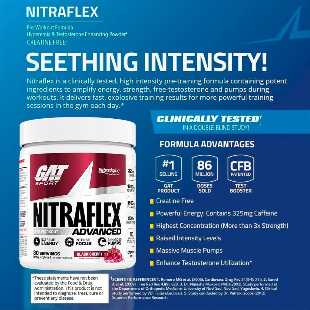 GAT SPORT Nitraflex Advanced Pre-Workout Powder, Increases Blood Flow, Boosts Strength and Energy, Improves Exercise Performance (Black Cherry, 30 Servings) 4
