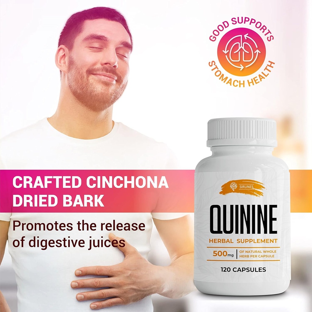 SIRUNES Leg Cramps Relief Quinine Capsules – Natural Cinchona Bark Supplement for Cramp Defense & Digestive Health – 1000mg Quinine Pills, 120 Tablets, Non-GMO, Gluten-Free 5