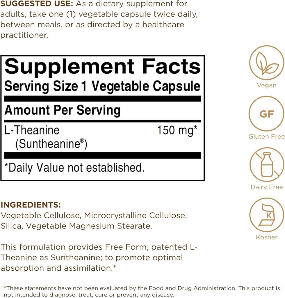 Solgar L-Theanine 150 mg - 60 Vegetable Capsules - Promotes Relaxation - Non-GMO, Vegan, Kosher & Gluten Free - 60 Servings 3