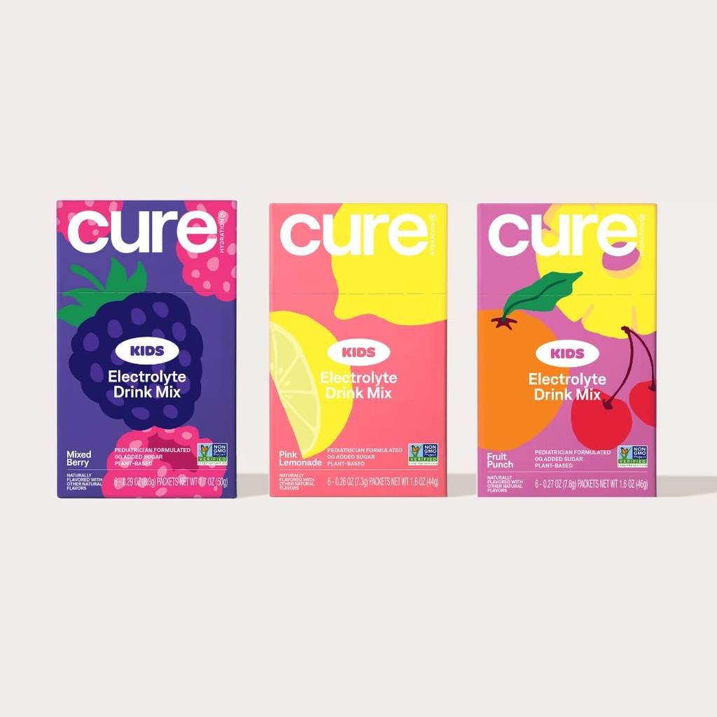 Cure Hydration - Kids Electrolyte Drink Mix | Plant-Based Pediatrician Formulated Rehydration Powder | No Added Sugar, Non-GMO, Gluten-Free | Pink Lemonade, Mixed Berry, Fruit Punch - Bundle 2