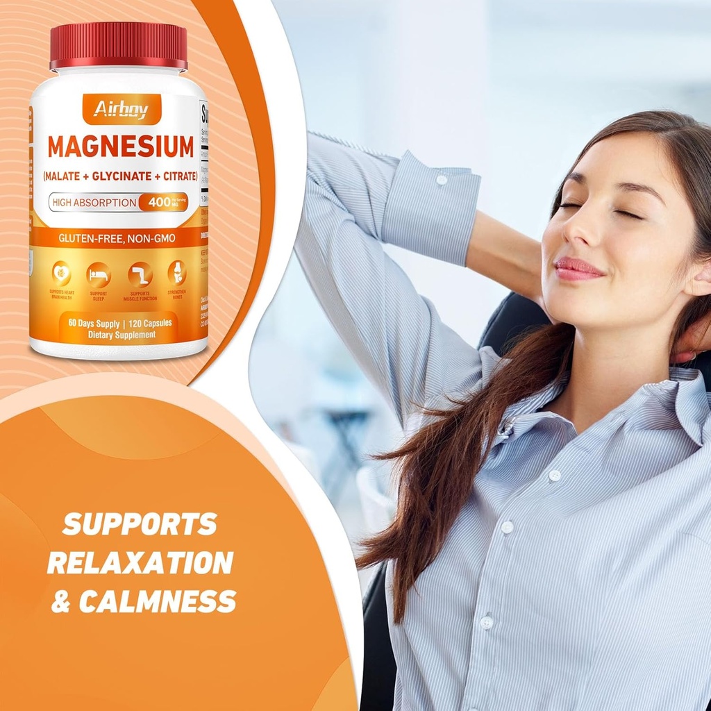 Airboy Magnesium Mineral Supplements Triple Magnesium Complex Supplement, 400mg of Magnesium Glycinate, Malate, Citrat, High Absorption Support Sleep, Muscle, and Relaxation,120 Vegan Capsules 4