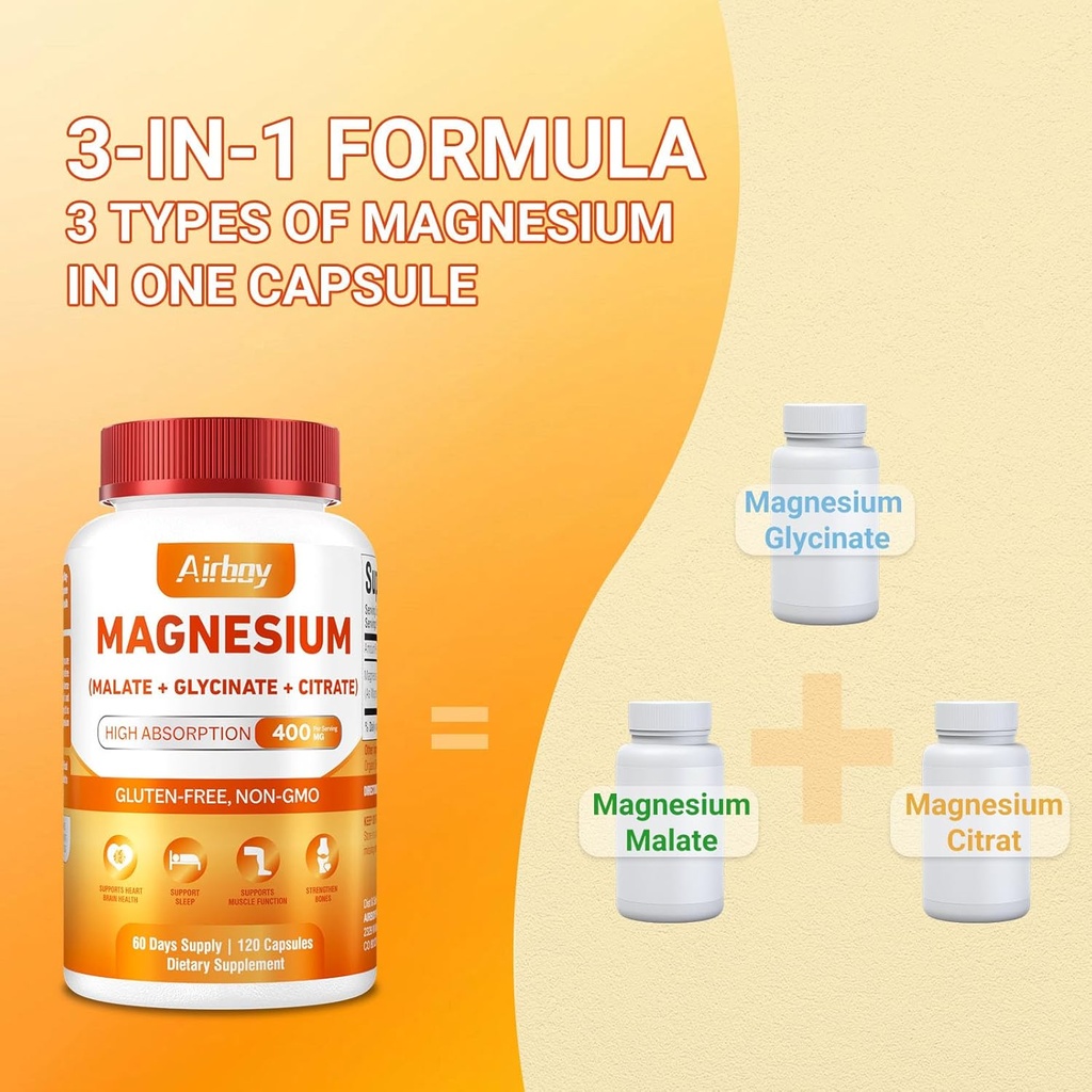 Airboy Magnesium Mineral Supplements Triple Magnesium Complex Supplement, 400mg of Magnesium Glycinate, Malate, Citrat, High Absorption Support Sleep, Muscle, and Relaxation,120 Vegan Capsules 6