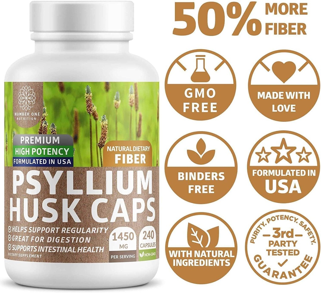 N1N Premium Psyllium Husk Capsules [All Natural,1450 MG] Powerful Soluble Fiber Supplement to Support Regularity and Digestive Health, 240 Caps 6