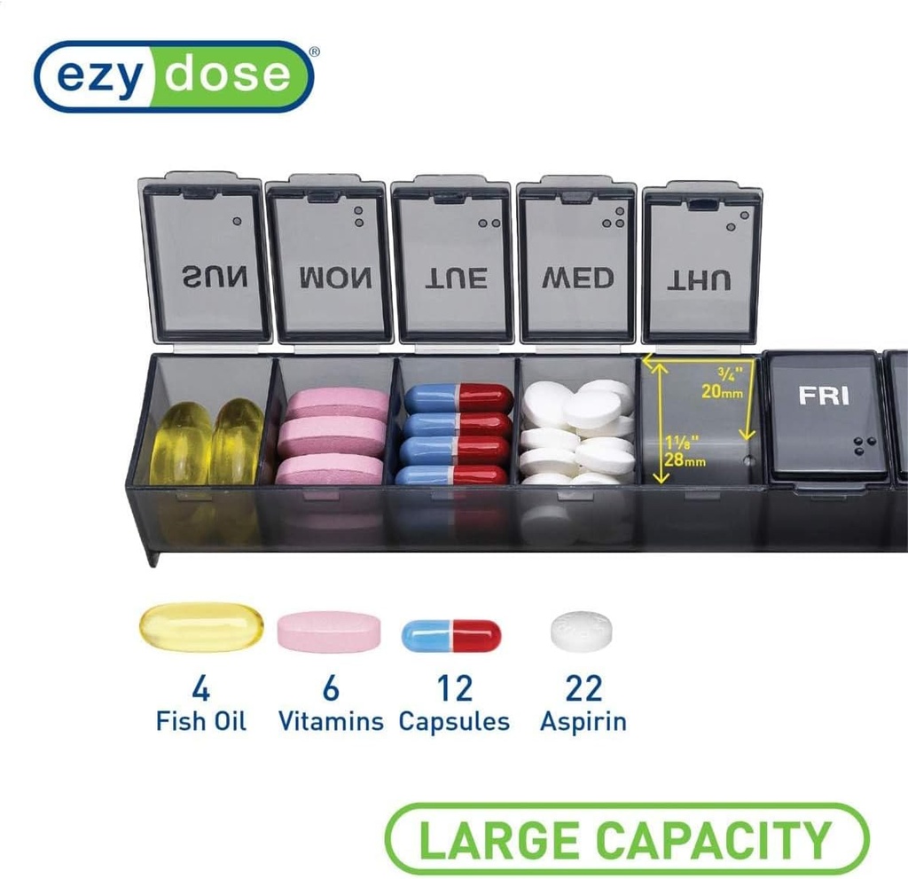 EZY DOSE Weekly (7-Day) Daily Pill Case, Medicine Planner, Vitamin Organizer, Supplement Container, Convenient and Easy to Use, Large Compartments, Travel Friendly, Black, Made in the USA, BPA Free 5