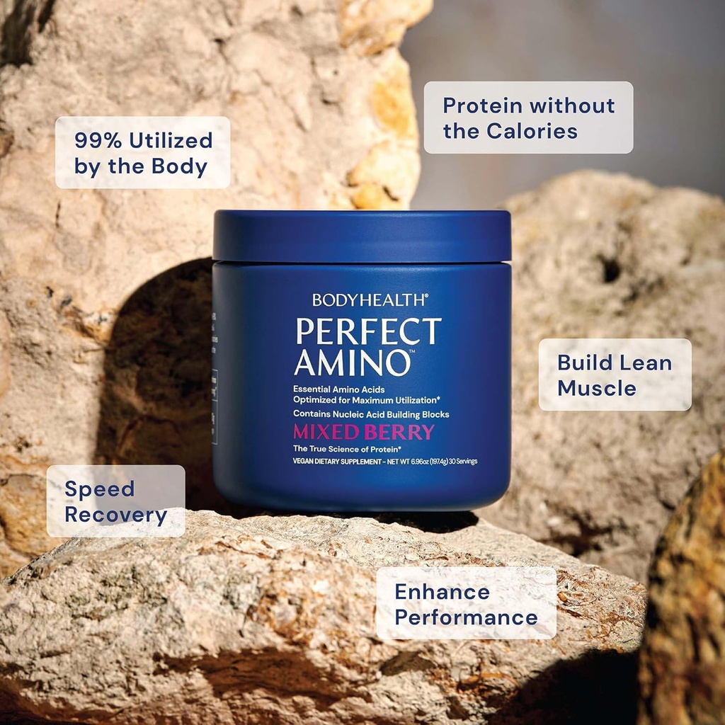 BodyHealth PerfectAmino Powder - BCAA and EAA Powder for Pre and Post Workout - Amino Acid Energy Drink for Men and Women to Support Lean Muscle and Recovery - Mixed Berry - 60 Servings 4