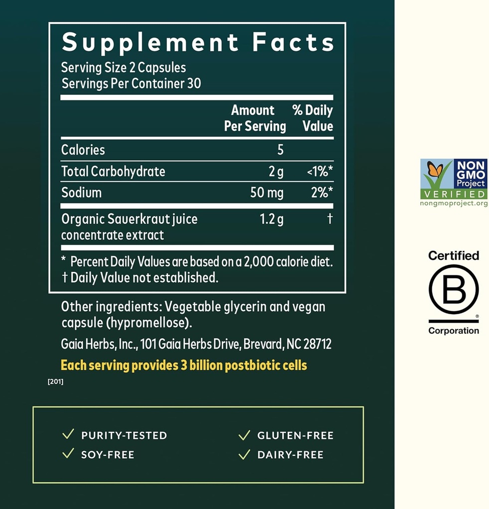 Gaia Herbs Sauerkraut Postbiotic - Natural Gut Health & Immune Support Supplement - Made with Fermented Sauerkraut - Free from Dairy, Soy & Gluten - 60 Vegan Capsules (30 Servings) 4