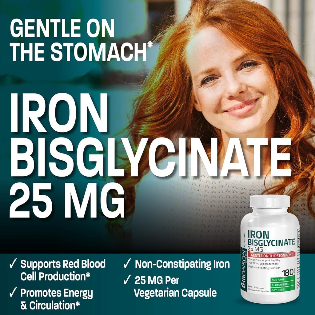 Bronson Iron Bisglycinate 25 mg Gentle on The Stomach, Supports Energy & Healthy Red Blood Cell Production - Non-Constipating Formula - Non GMO, 360 Vegetarian Capsules 4