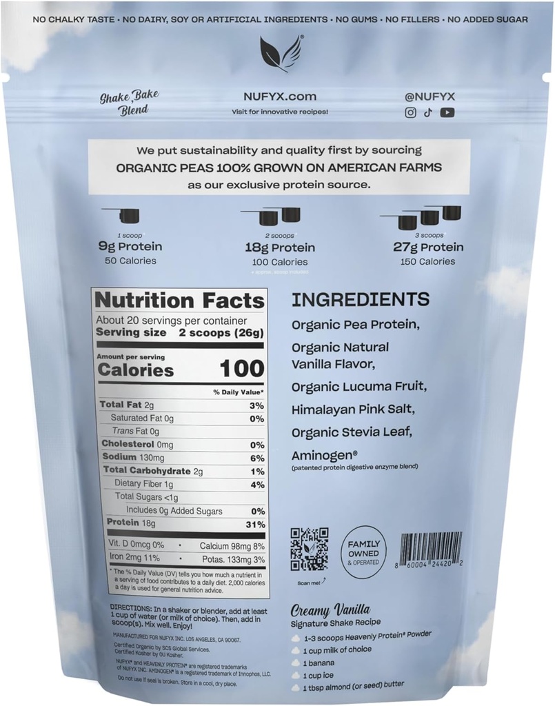 NUFYX® • Heavenly Protein® Powder • World’s Finest 100% Organic American Grown Peas • Vegan • Gluten Free • Low Carb (Creamy Vanilla, 40 Scoops) 3