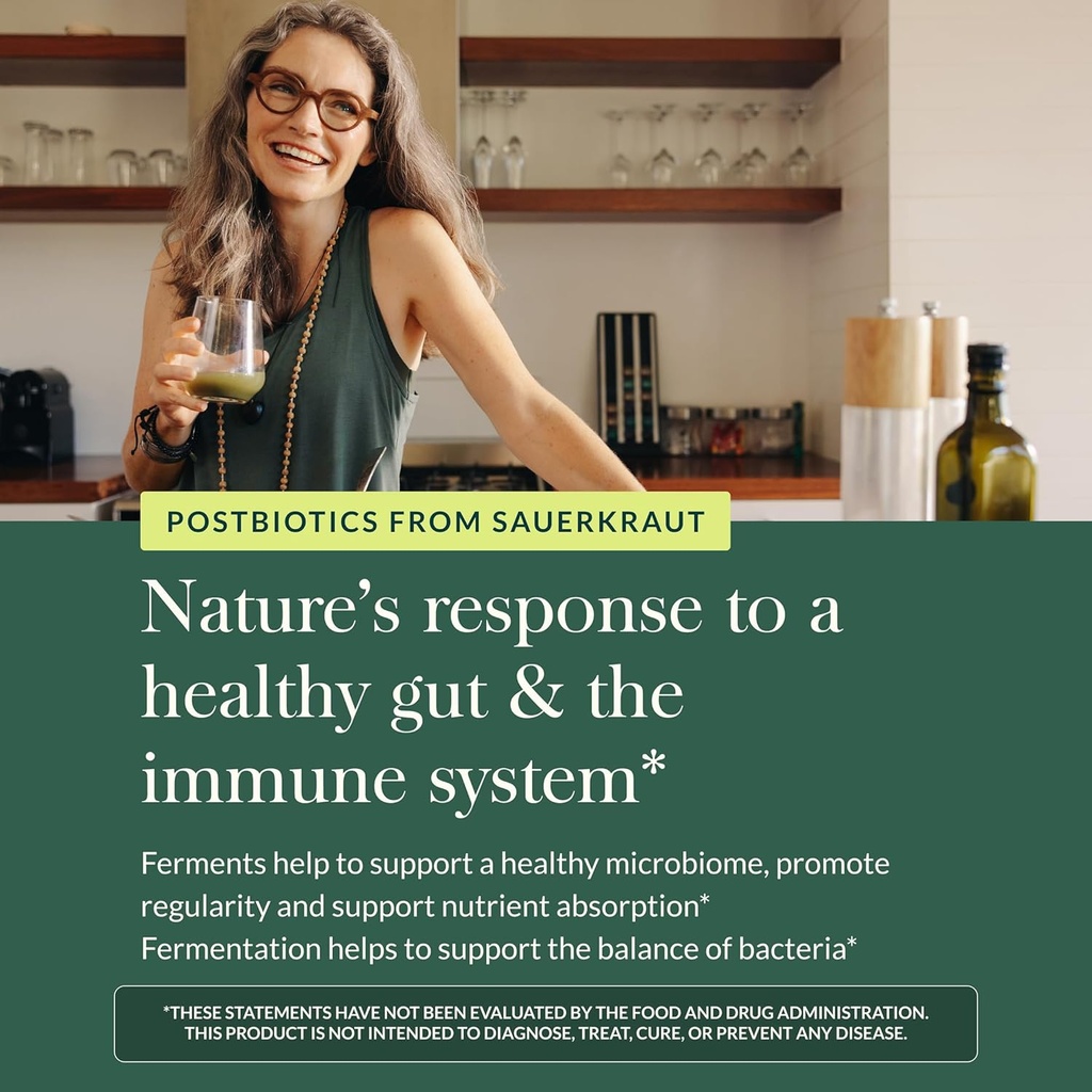 Gaia Herbs Sauerkraut Postbiotic - Natural Gut Health & Immune Support Supplement - Made with Fermented Sauerkraut - Free from Dairy, Soy & Gluten - 60 Vegan Capsules (30 Servings) 6