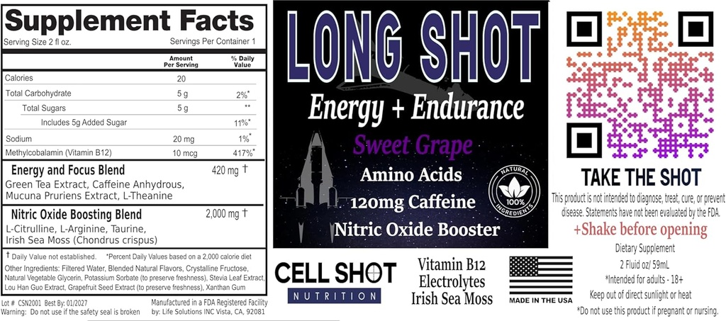 Sweet Grape Long Shot - 4 Pack - Nitric Oxide Booster, Caffeine, Nootropics, Electrolytes, Amino Acids - Natural Endurance and Performance Enhancement 6