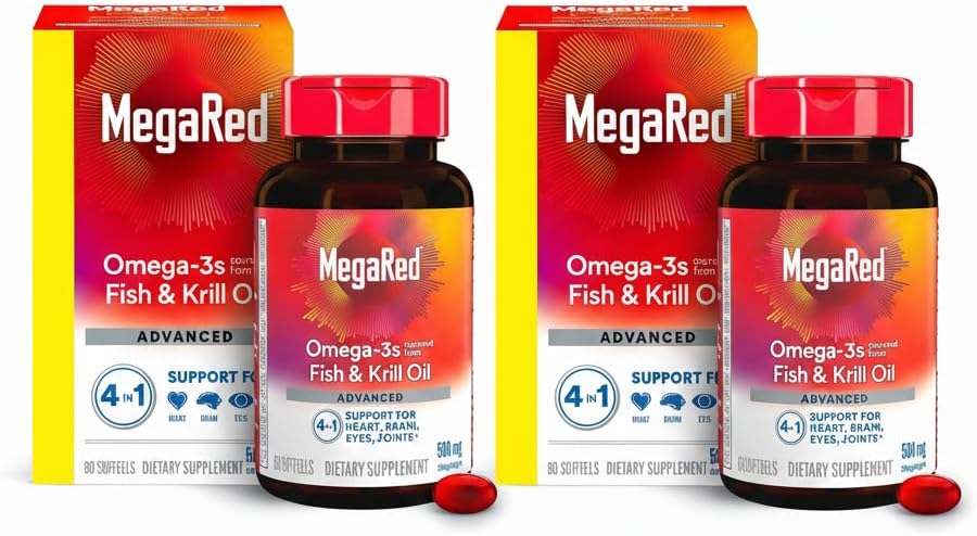 MegaRed Advanced 4-in-1 2X Concentrated 500mg Omega-3 Fish Oil & Antarctic Krill Oil with Fatty Acid, EPA/DHA Supports Heart, Brain, Joints, Eye Health 80 Count Softgels (2 Pack) 2