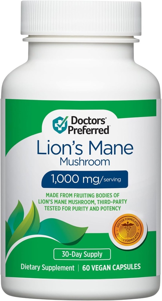 DOCTORS' PREFERRED Lions Mane Mushroom Supplement - 1,000 mg/Serving, 60 Vegan Capsules for Brain Health and Overall Daily Wellness. (30-Day Supply) 2