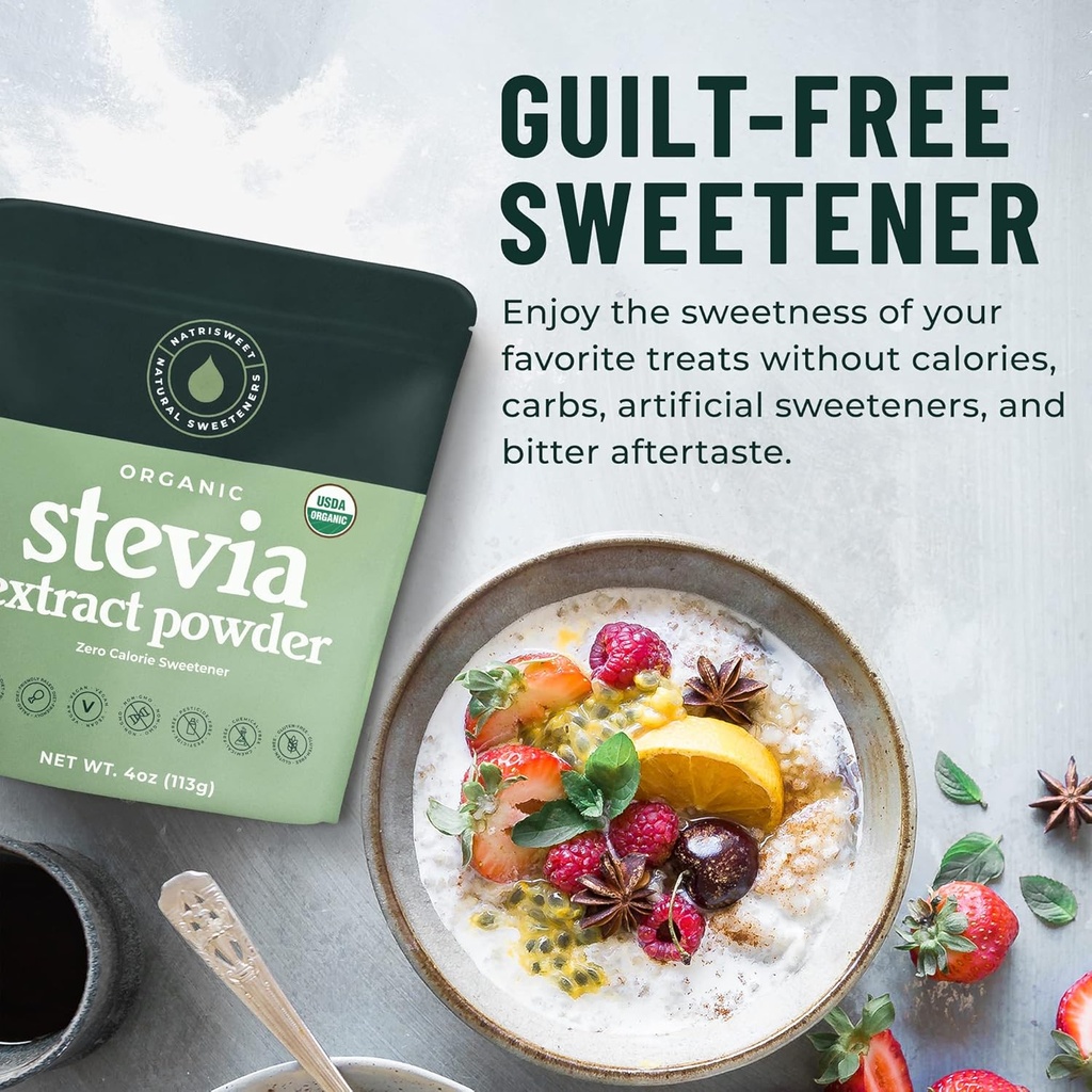 Organic 100% Pure Stevia Powder, 4 oz, Satisfies Sweet Cravings, Lowers Blood Sugar Levels for Diabetics, Bulk Powdered Stevia Extract Sweetener for Better Baking & Beverages, 800+ Servings by NatriSweet 6
