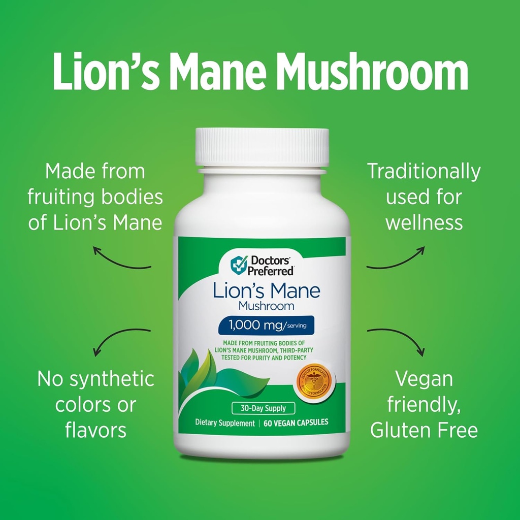 DOCTORS' PREFERRED Lions Mane Mushroom Supplement - 1,000 mg/Serving, 60 Vegan Capsules for Brain Health and Overall Daily Wellness. (30-Day Supply) 5