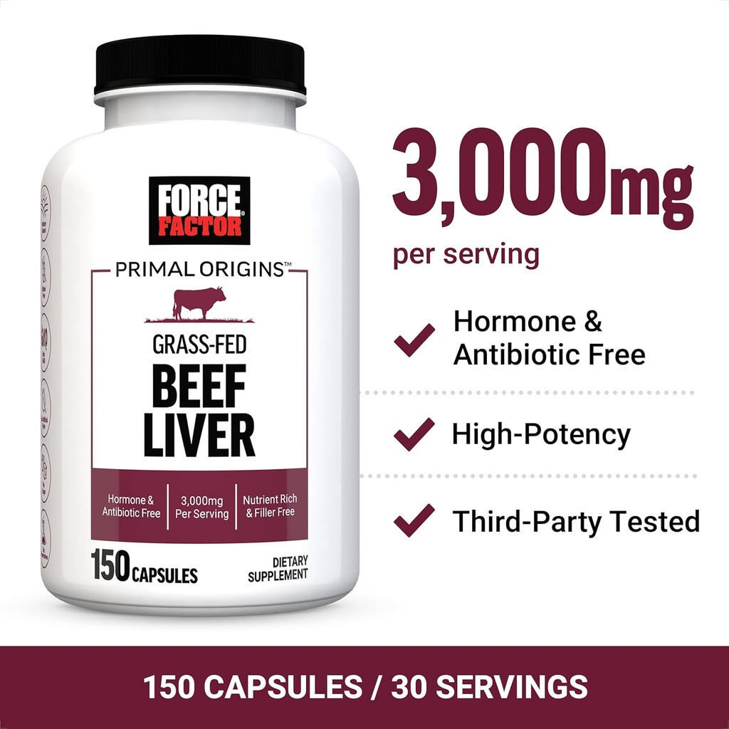 FORCE FACTOR Primal Origins Beef Liver Capsules, Grass Fed Beef Organ Supplement, Pasture-Raised, Hormone & Antibiotic Free, Non-GMO, 150 Capsules 4