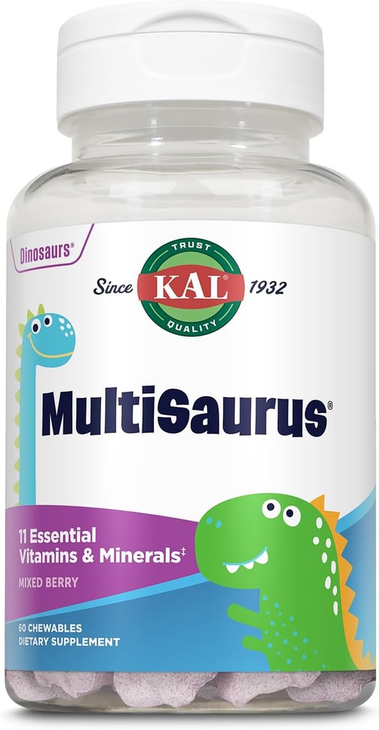 KAL MultiSaurus Kids Chewable Multivitamins, 11 Essential Vitamins and Minerals for Kids, Mixed Berry Flavor, Gluten and Preservative Free, 60 Servings, 60 Dinosaur-Shaped Chewables 2