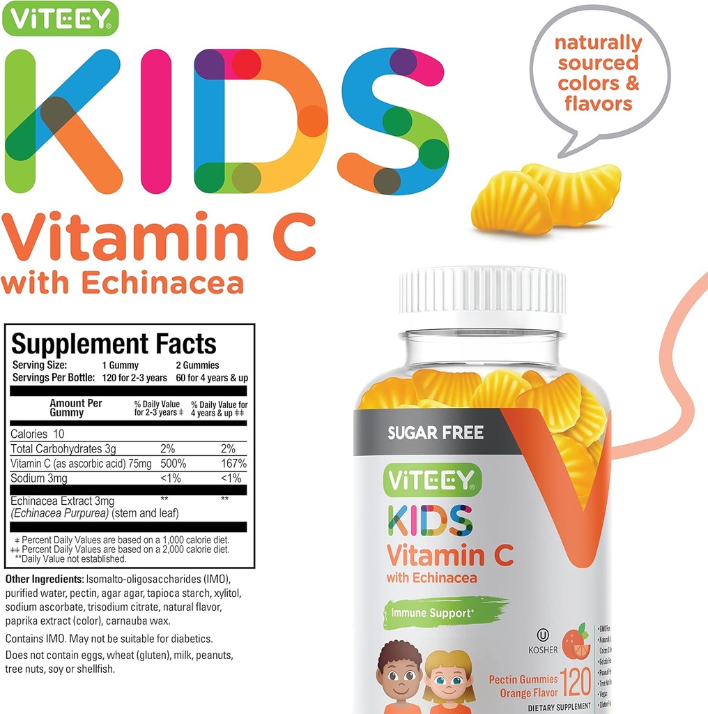 Viteey Kids Vitamin C Gummies 75mg, with Echinacea - Sugar Free - Immune Support for Kids, Toddlers, & Teens - Vegan, Gelatin Free, Gluten Free, GMO Free - Tasty Orange Flavored Immunity Gummy 5