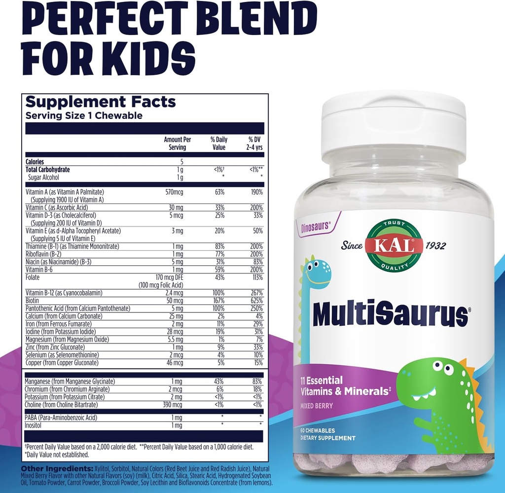 KAL MultiSaurus Kids Chewable Multivitamins, 11 Essential Vitamins and Minerals for Kids, Mixed Berry Flavor, Gluten and Preservative Free, 60 Servings, 60 Dinosaur-Shaped Chewables 3