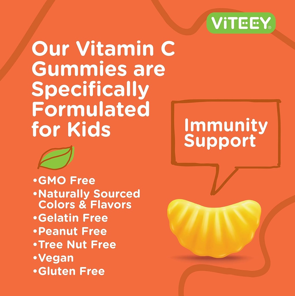 Viteey Kids Vitamin C Gummies 75mg, with Echinacea - Sugar Free - Immune Support for Kids, Toddlers, & Teens - Vegan, Gelatin Free, Gluten Free, GMO Free - Tasty Orange Flavored Immunity Gummy 6