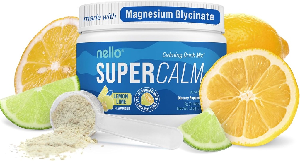Nello Supercalm Powdered Drink Mix, Lemon Lime, L Theanine, Ksm-66 Ashwagandha, Magnesium Glycinate, Vitamin D 3, Supplements for Relaxation & Focus, Natural, No Sugar, Non GMO, 30 Srvgs 2