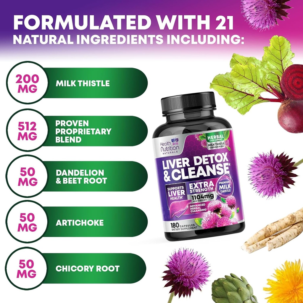 Gentle Liver Cleanse Detox & Repair Formula - Advanced Liver Support Supplement with Silymarin Milk Thistle, Dandelion Root, Artichoke Extract, Turmeric, Choline, & Beetroot - 180 Veggie Capsules 4